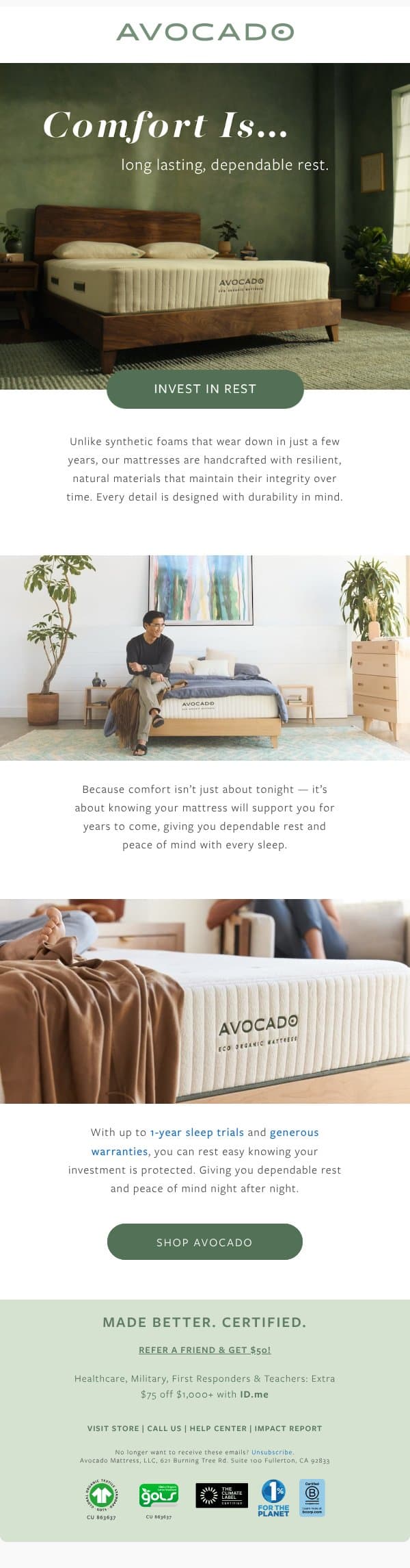 Made to last, night after night email from Avocado Green Mattress screenshot