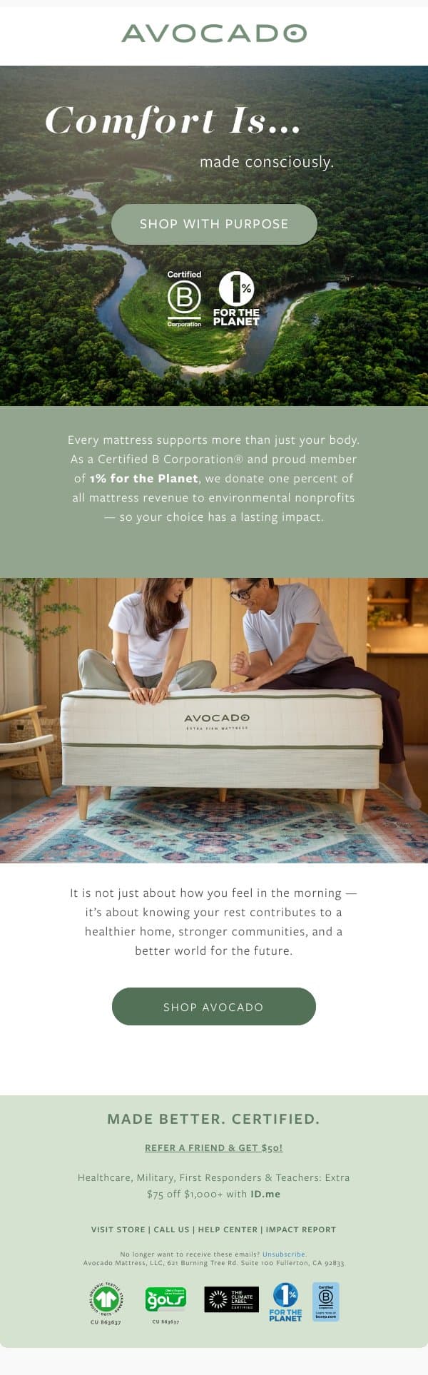 Sleep that restores you, and the planet. email from Avocado Green Mattress screenshot