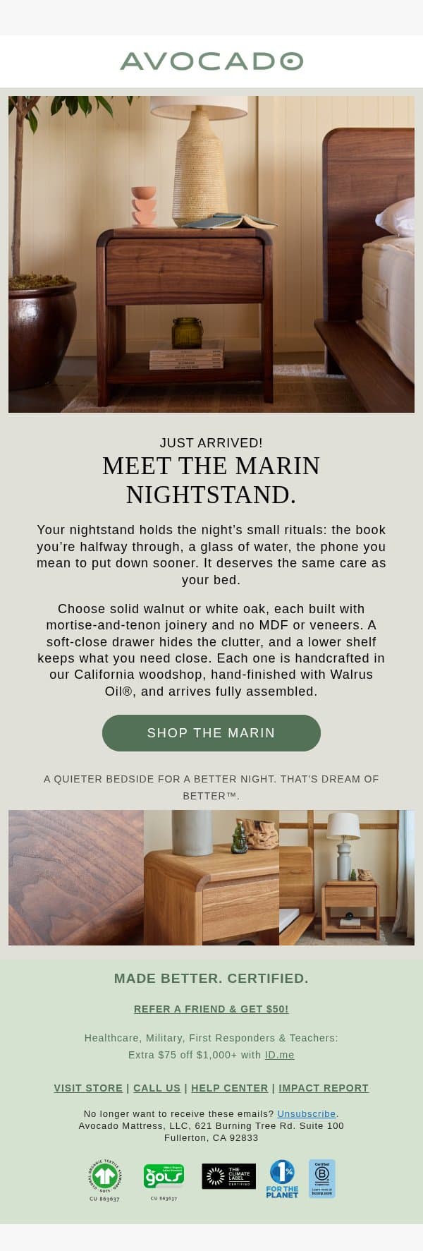 The Marin Nightstand is here email from Avocado Green Mattress screenshot