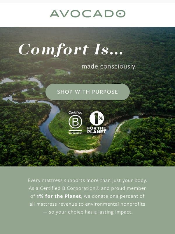 Sleep that restores you, and the planet. email from Avocado Green Mattress