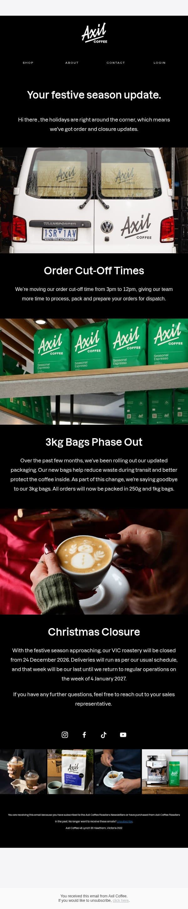 Order Cutoff and Holiday Closures email from Axil Coffee Roasters screenshot