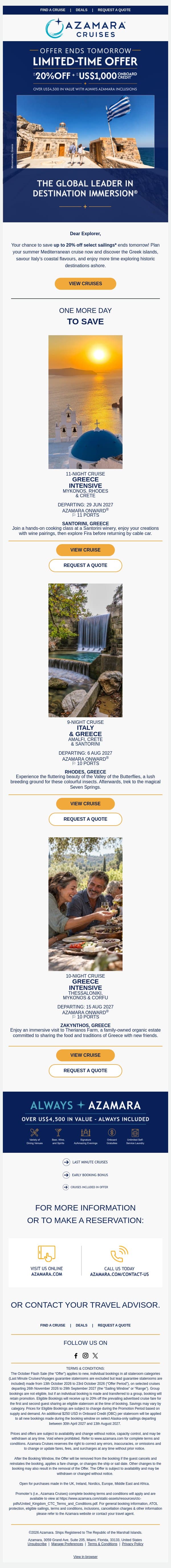 ENDS TOMORROW: Your Mediterranean Summer email from Azamara screenshot
