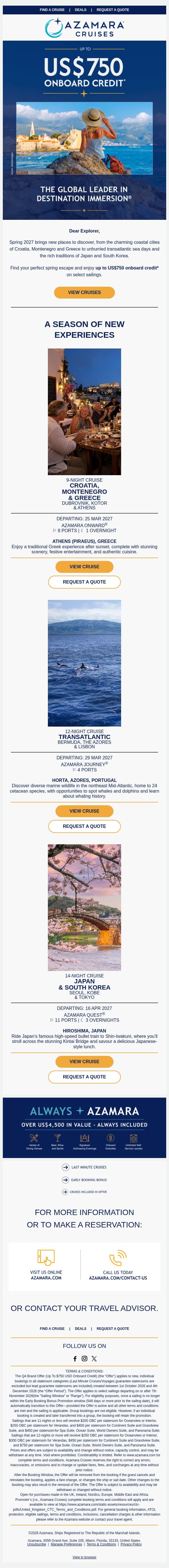 Spring Into Somewhere New email from Azamara screenshot
