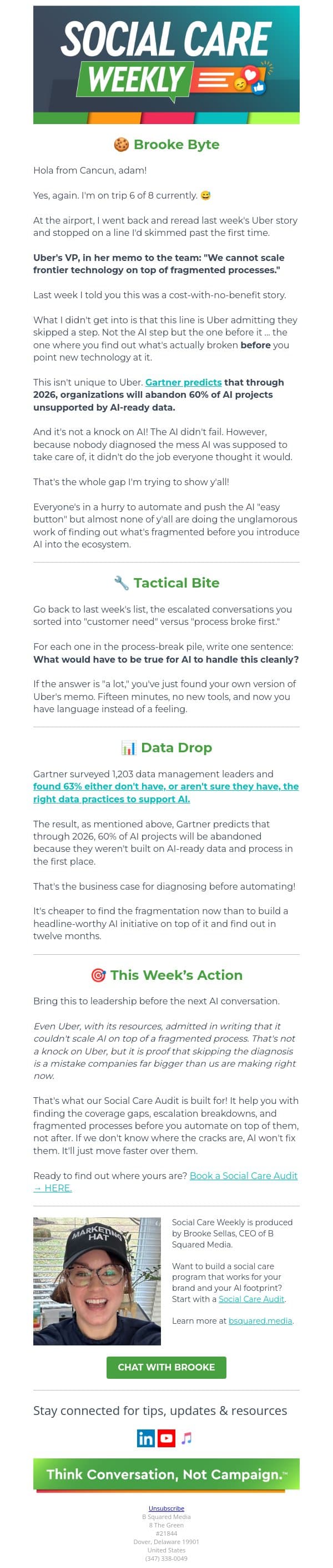 📵 Why 60% of AI Projects Will Be Abandoned email from B Squared Media screenshot