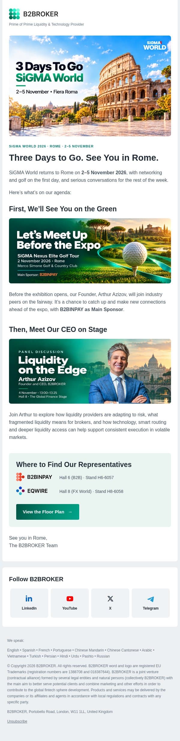 3 Days to SiGMA World: Catch Arthur Azizov on Stage email from B2Broker screenshot