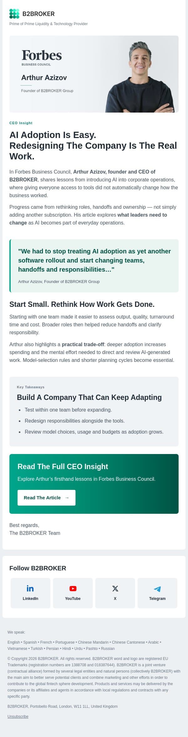 B2BROKER CEO Insight: AI Adoption Takes More Than New Tools email from B2Broker screenshot