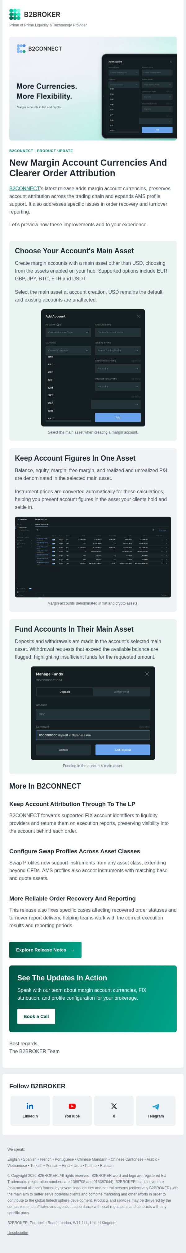 B2CONNECT Update: More Currencies. Clearer Order Attribution email from B2Broker screenshot