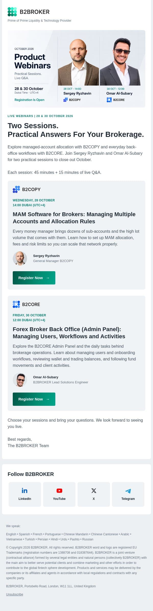 New B2BROKER Webinars: MAM Accounts and Broker Back Office email from B2Broker screenshot