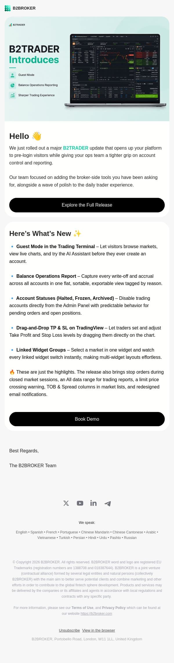 B2TRADER Update: Pre-Login Access and Tighter Controls email from B2Broker screenshot