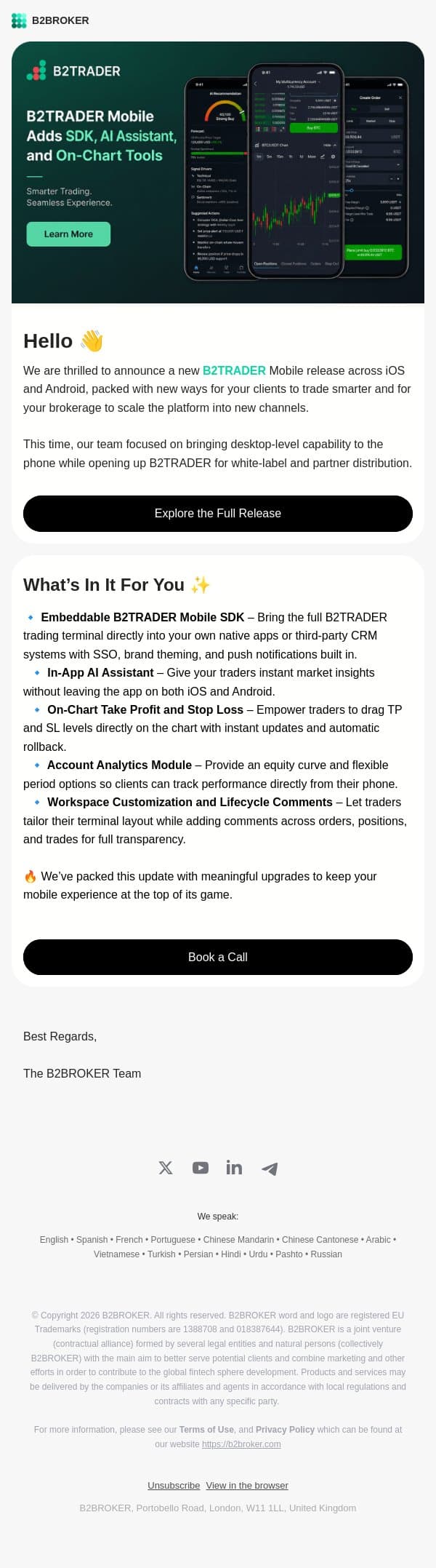 B2TRADER Mobile Adds an SDK, AI Assistant, and On-Chart Trading email from B2Broker screenshot
