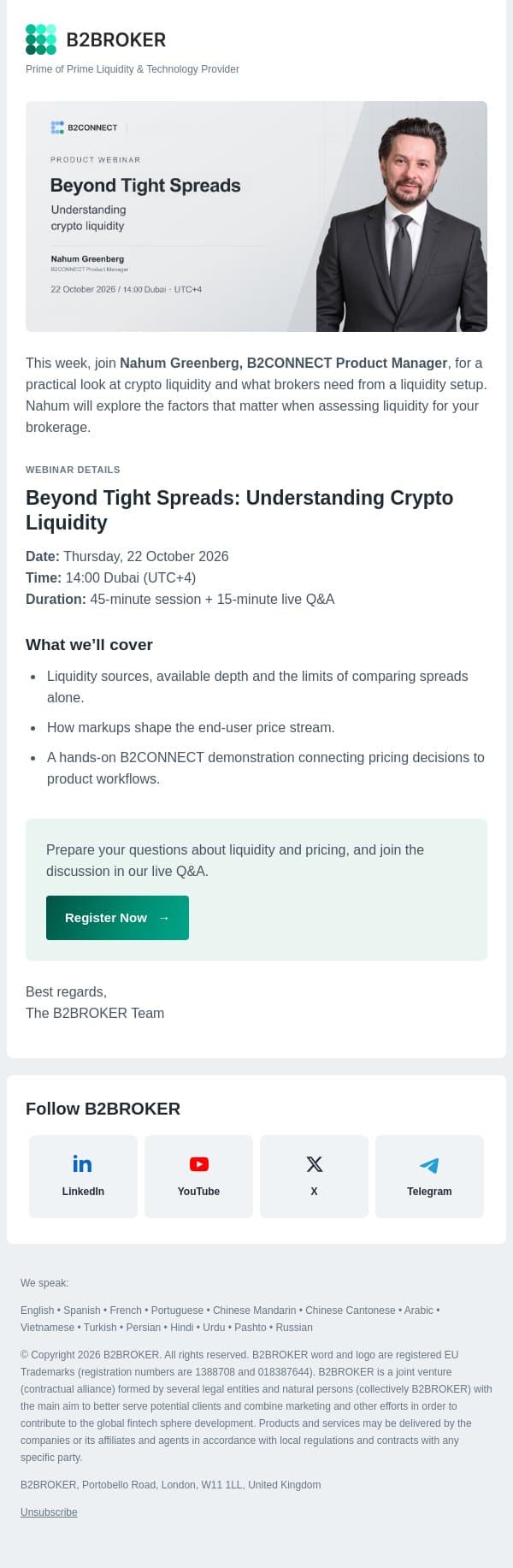 This Week: Beyond Tight Spreads with B2CONNECT email from B2Broker screenshot