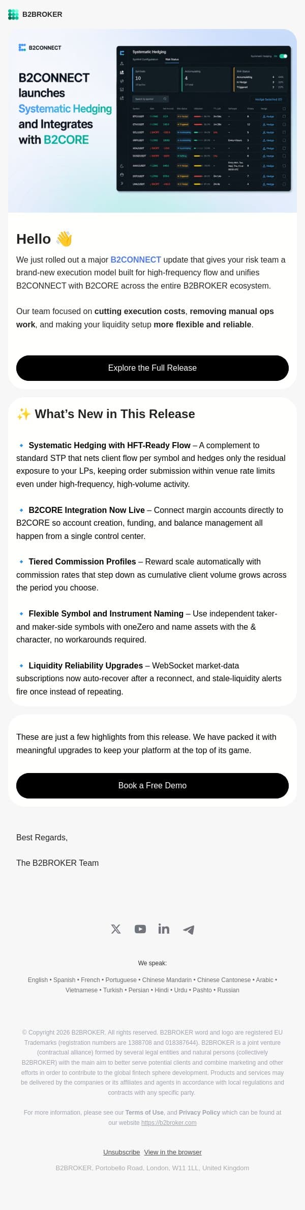 B2CONNECT Unlocks Systematic Hedging and Goes Live with B2CORE email from B2Broker screenshot