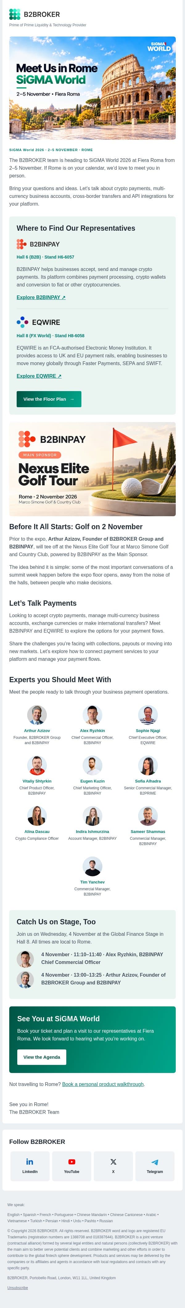 Meet B2BROKER at SiGMA World 2026 in Rome email from B2Broker screenshot