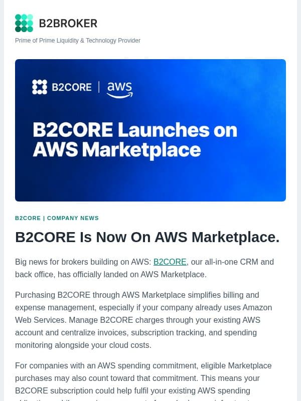 B2CORE Is Now Available on AWS Marketplace email from B2Broker
