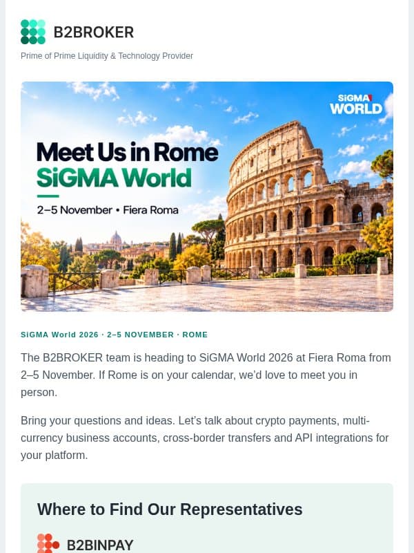 Meet B2BROKER at SiGMA World 2026 in Rome email from B2Broker
