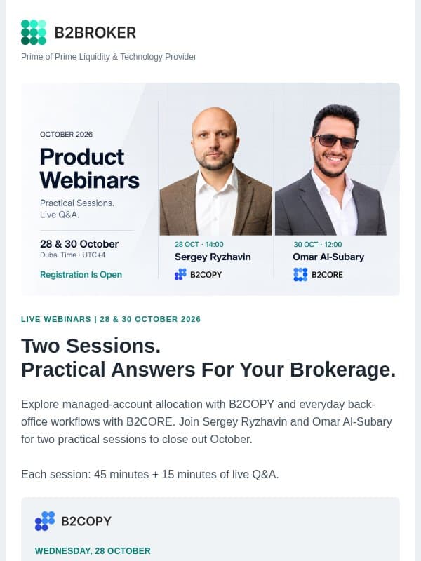 New B2BROKER Webinars: MAM Accounts and Broker Back Office email from B2Broker
