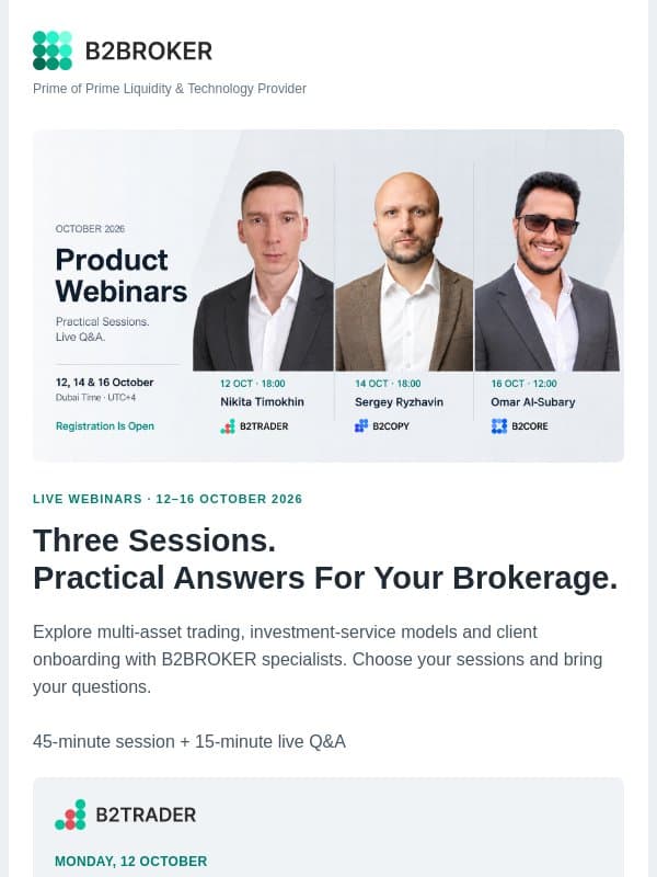 3 Webinars to Join | 12–16 October email from B2Broker