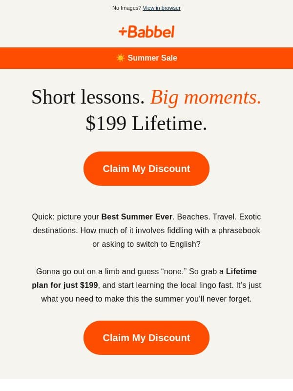 βοΈ Summer Sale: Lifetime is $199 email from Babbel