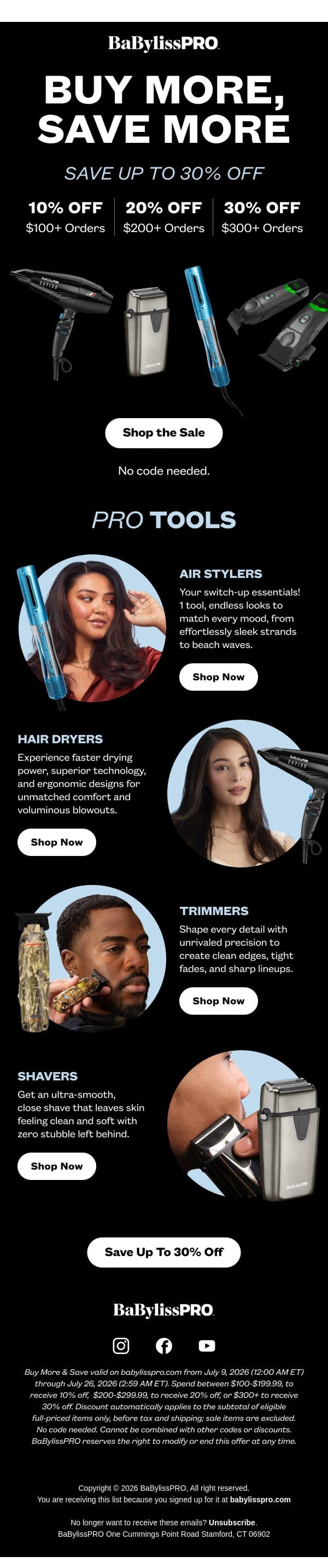 SUMMER SAVINGS: Save Up to 30% Off email from BaBylissPRO screenshot