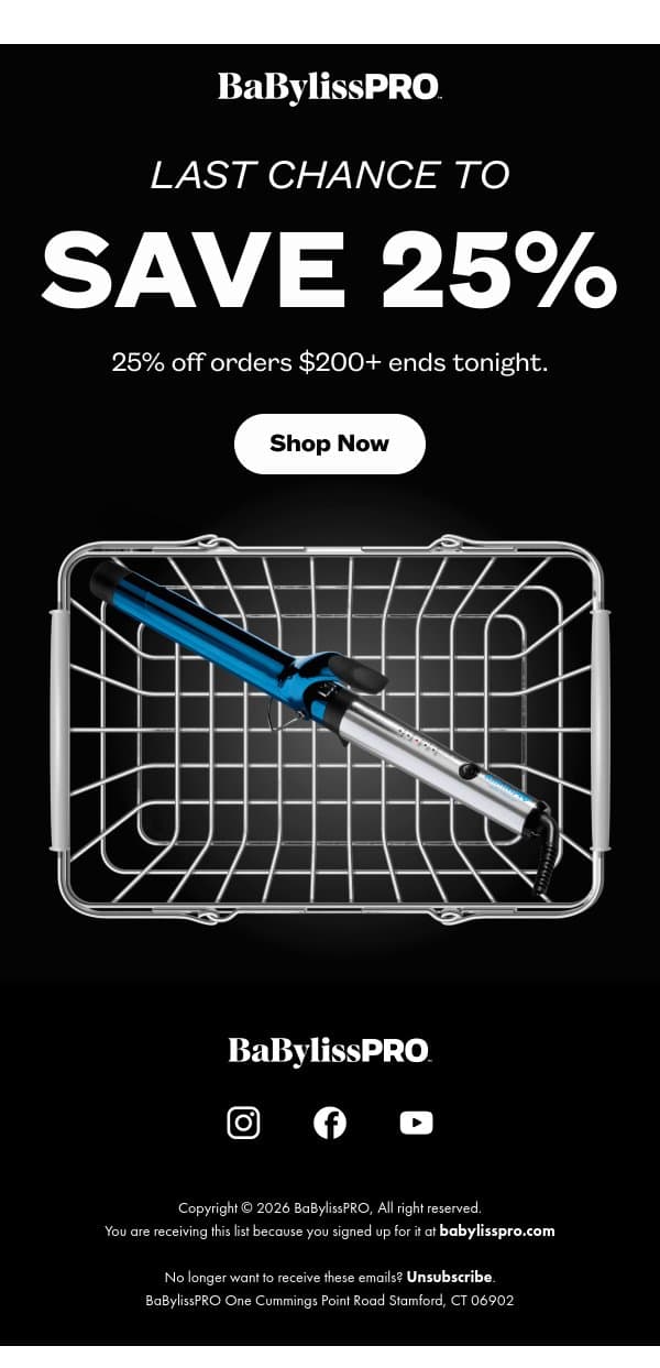 Save 25% on Orders $200+ email from BaBylissPRO screenshot