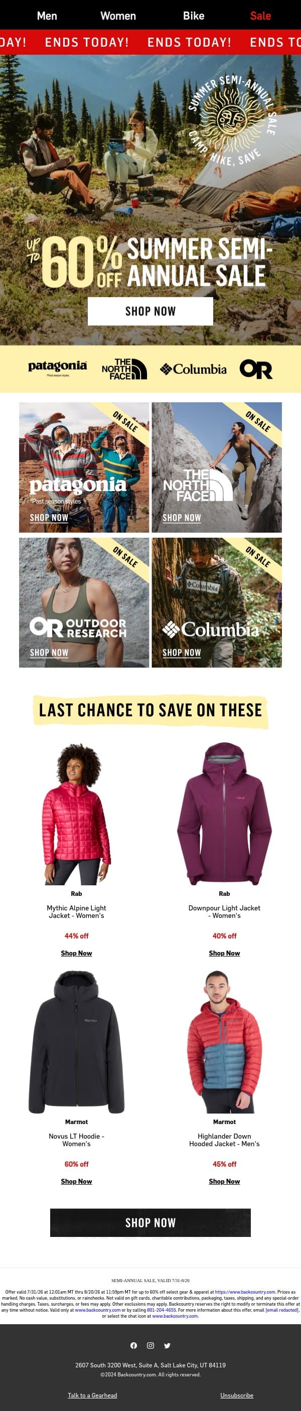 Final call: Up to 60% off ends today! ⏰ email from Backcountry screenshot