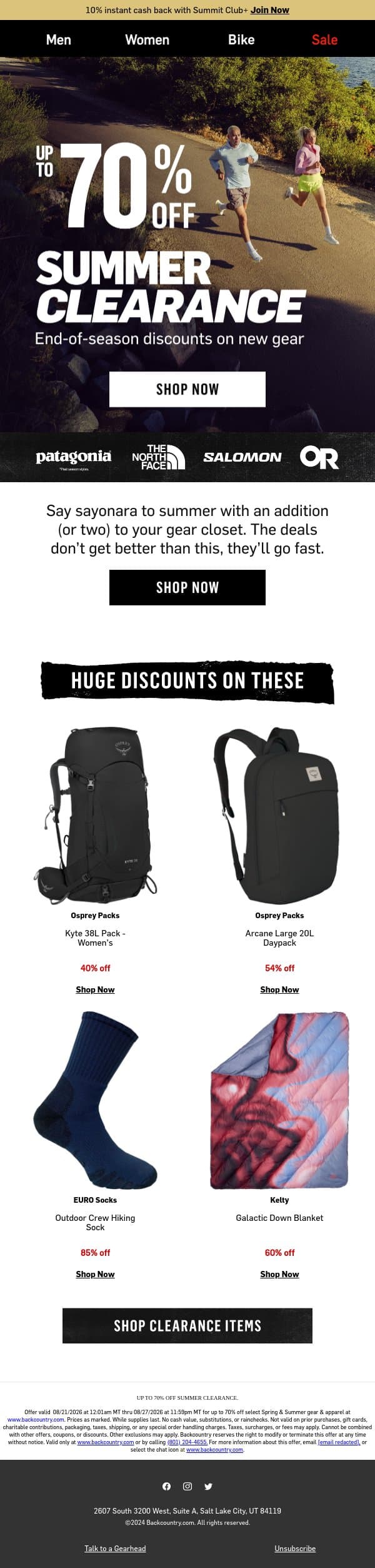 Summer Clearance: up to 70% off 😱 email from Backcountry screenshot