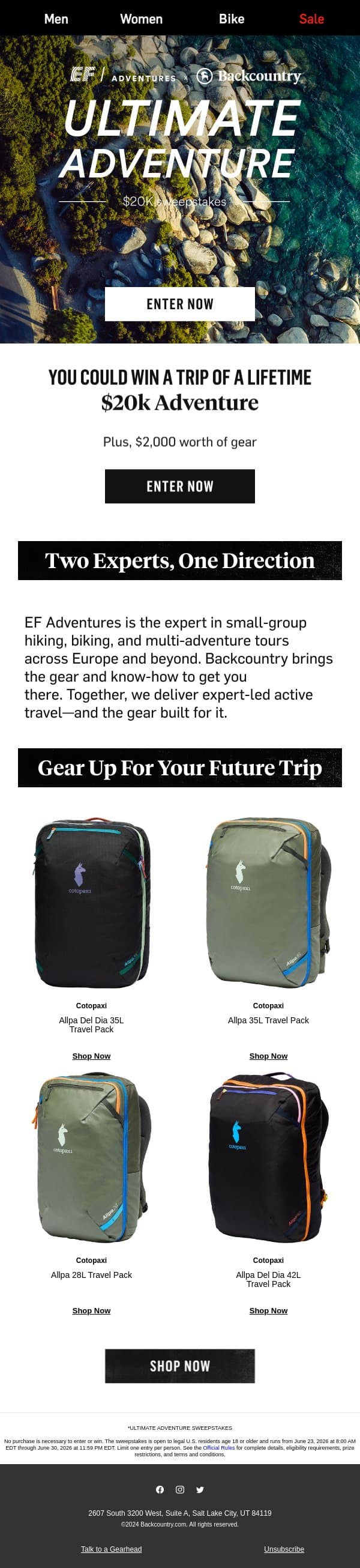 Win a $20k adventure + tons of gear ⛰️ email from Backcountry screenshot