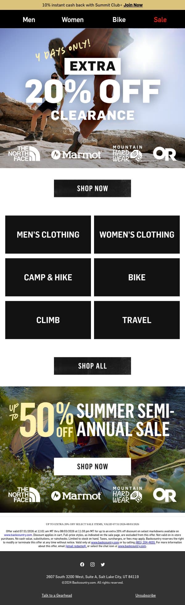 4 days only: extra 20% off clearance email from Backcountry screenshot