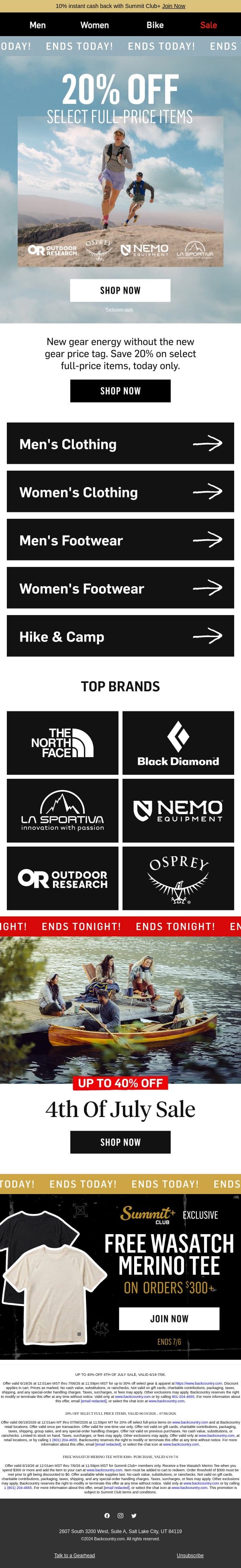 20% off full-price items ends TODAY 🚨 email from Backcountry screenshot