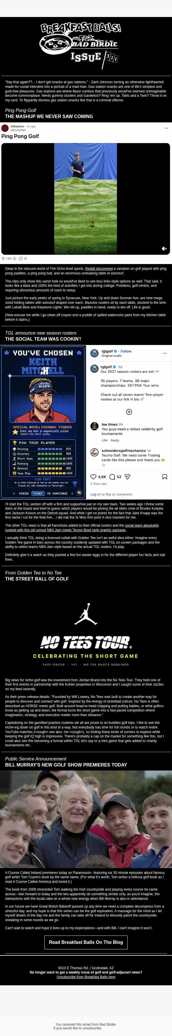 Iss. #311 | Introducing Ping Pong Golf email from Bad Birdie screenshot