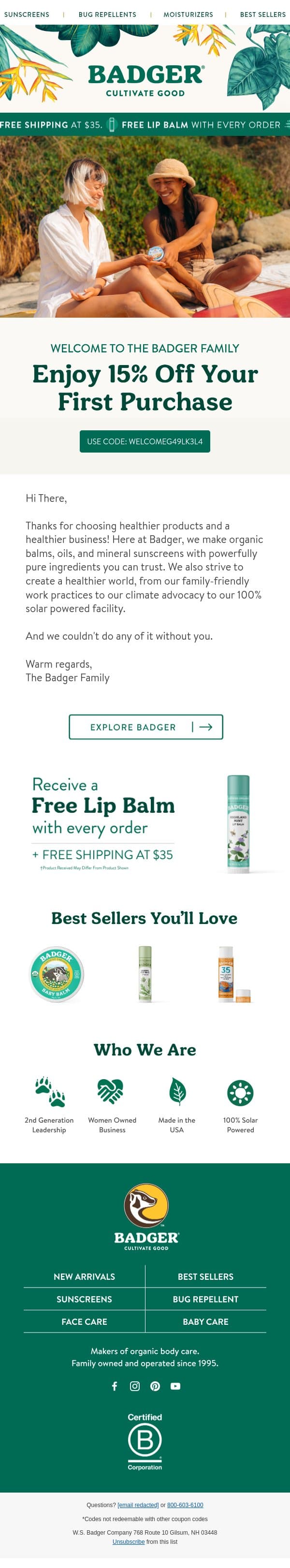 Enjoy 15% Off Your First Purchase π email from Badger Balm screenshot