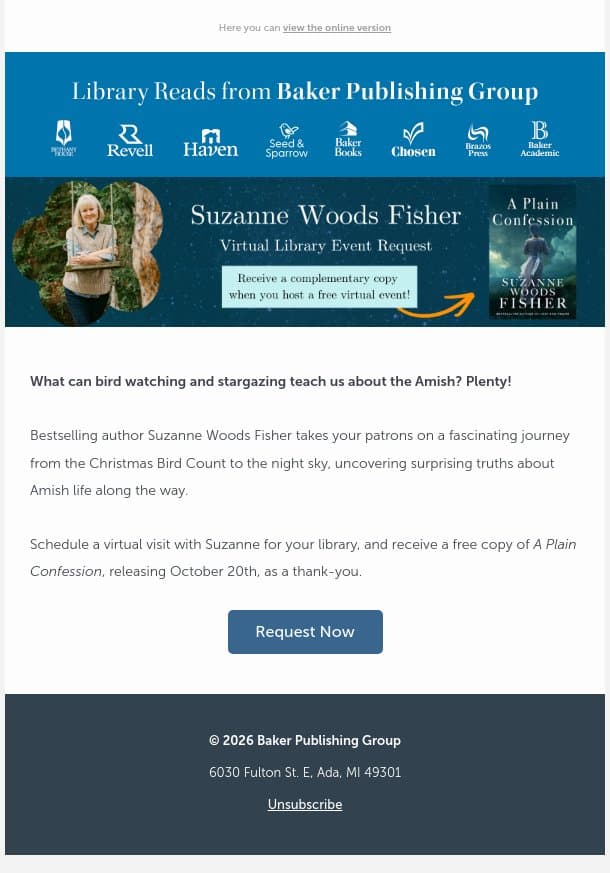 Request a virtual library visit with Suzanne Woods Fisher email from Baker Publishing Group screenshot