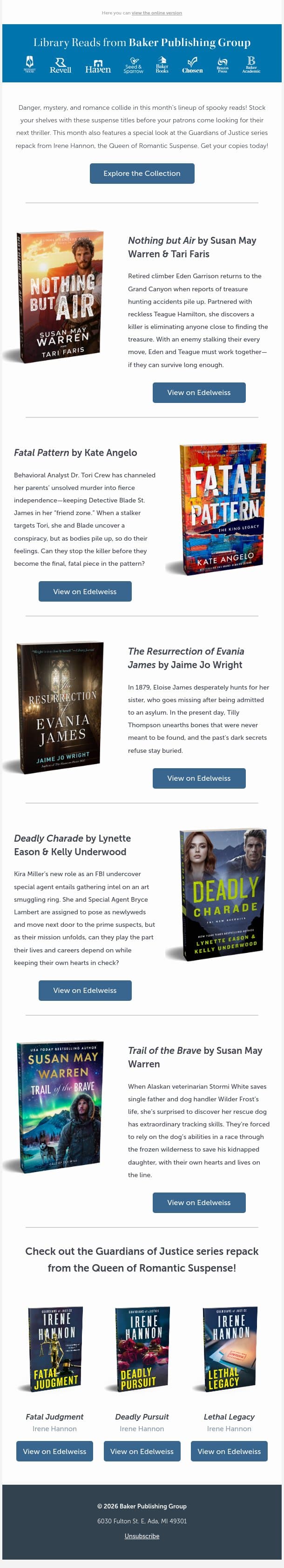 ⚠️ Incoming: Thrills and chills to haunt your shelves email from Baker Publishing Group screenshot