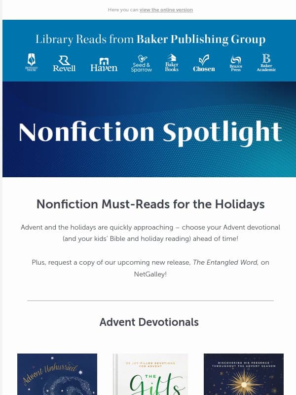 Holiday Reads, Devotionals, and More email from Baker Publishing Group