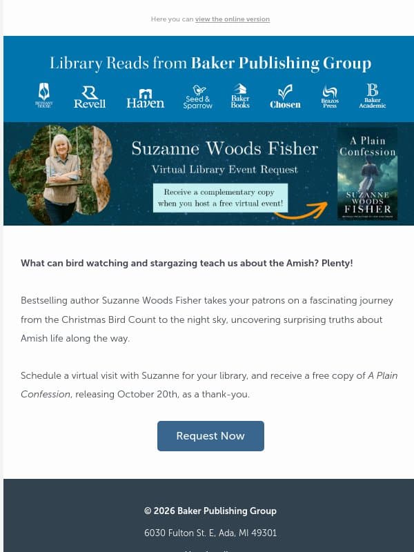 Request a virtual library visit with Suzanne Woods Fisher email from Baker Publishing Group