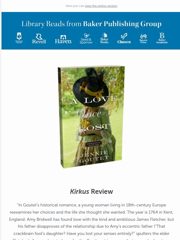 Kirkus review of A Love Once Lost email from Baker Publishing Group