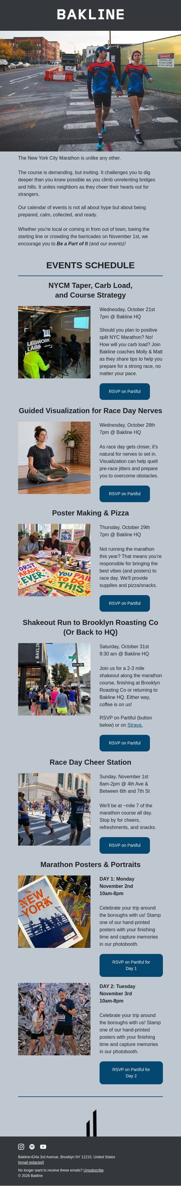 Our NY Marathon Event List email from Bakline screenshot