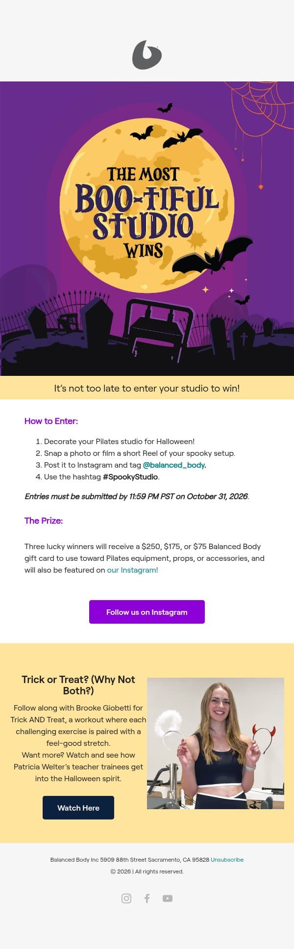 Oops! Here is the Link to the Video: Last day to enter the Spooky Studios contest! 👻 email from Balanced Body Europe screenshot