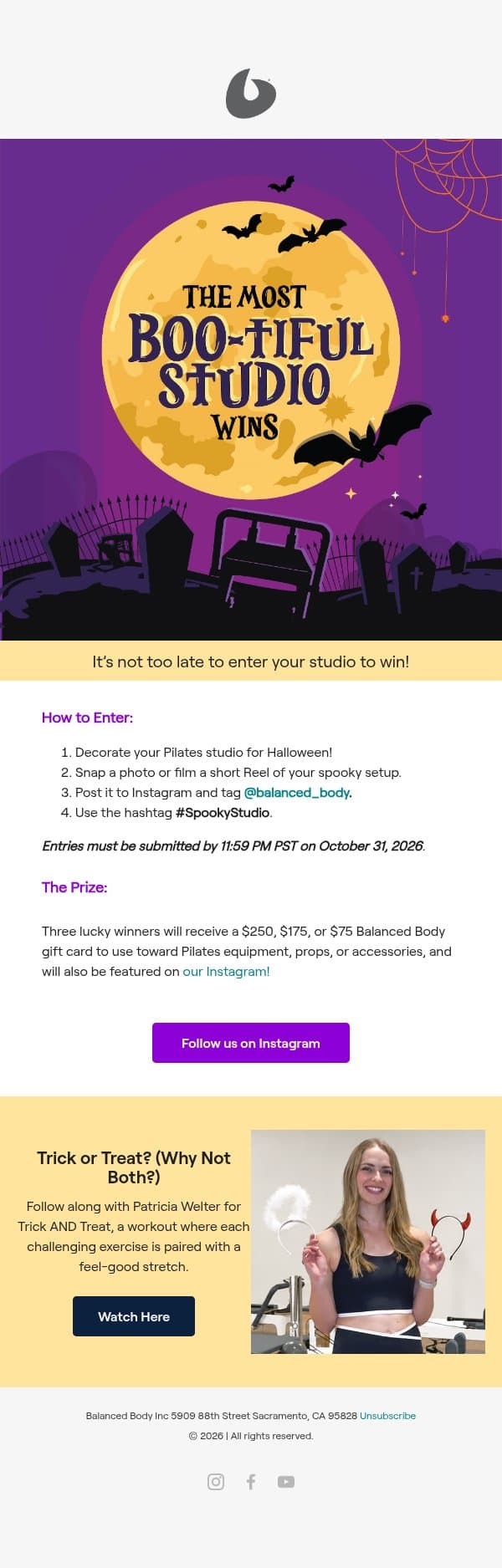 Last day to enter the Spooky Studios contest! 👻 email from Balanced Body Europe screenshot