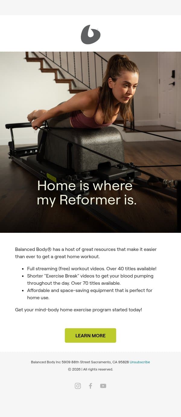 Want to do Pilates at home? email from Balanced Body Europe screenshot