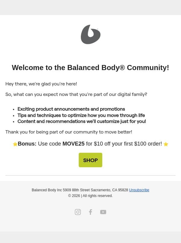 Here's a discount just for you email from Balanced Body Europe screenshot