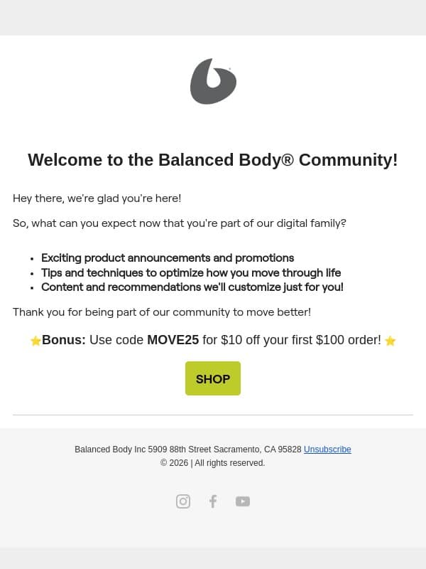 Here's a discount just for you email from Balanced Body Europe