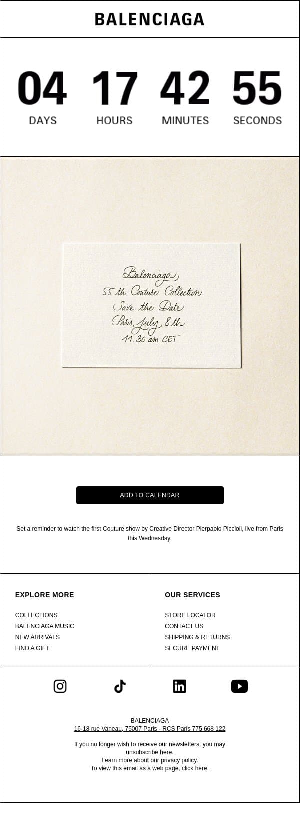 Balenciaga 55th Couture Collection email from Balenciaga screenshot