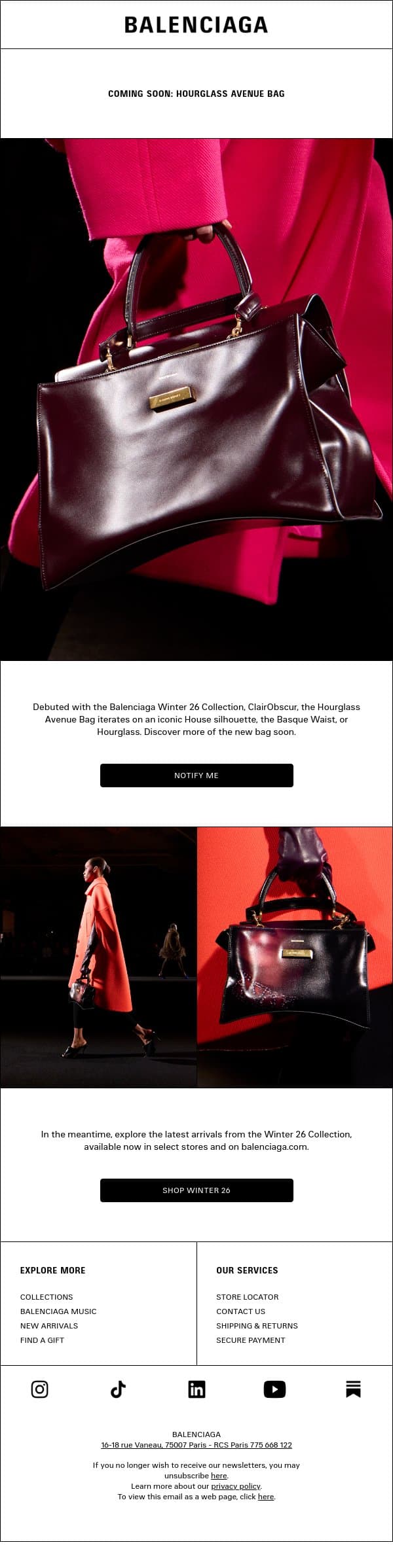 Coming soon: Hourglass Avenue Bag email from Balenciaga screenshot