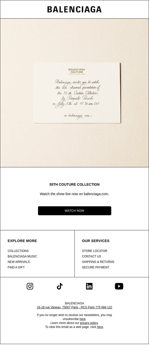 Live Now: 55th Couture Collection email from Balenciaga screenshot