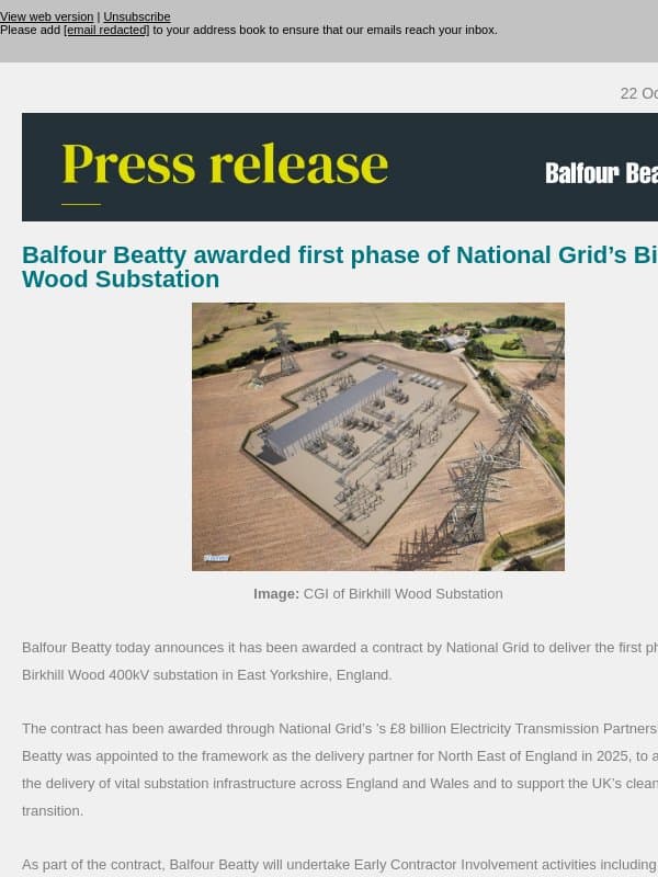 Balfour Beatty awarded first phase of National Grid’s Birkhill Wood Substation email from Balfour Beatty