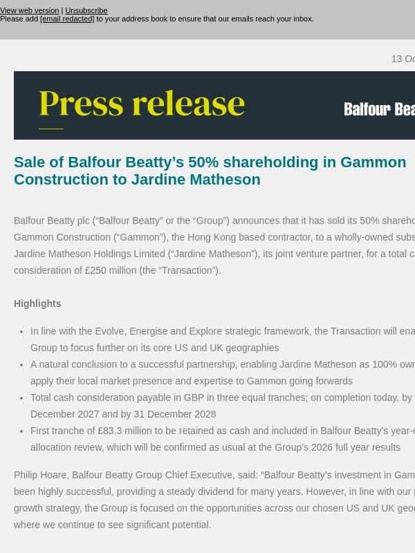 Sale of Balfour Beatty’s 50% shareholding in Gammon Construction to Jardine Matheson email from Balfour Beatty