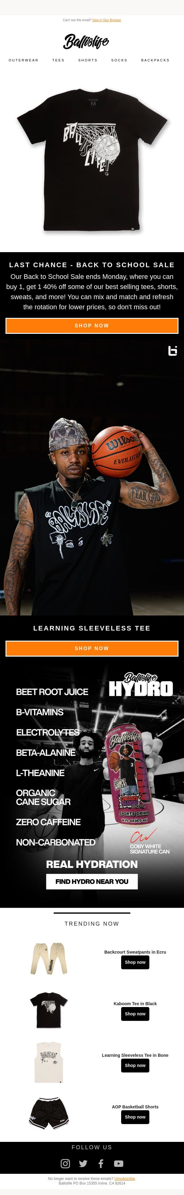 LAST CHANCE - Back To School Sale Ends Monday! email from Ballislife screenshot