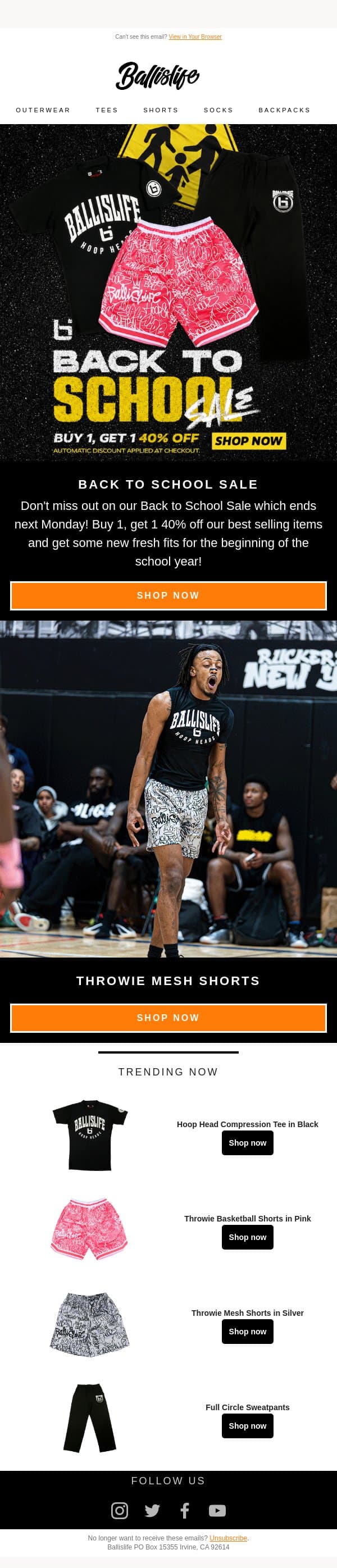 Don't Miss On 40% Off Back To School Sale! email from Ballislife screenshot