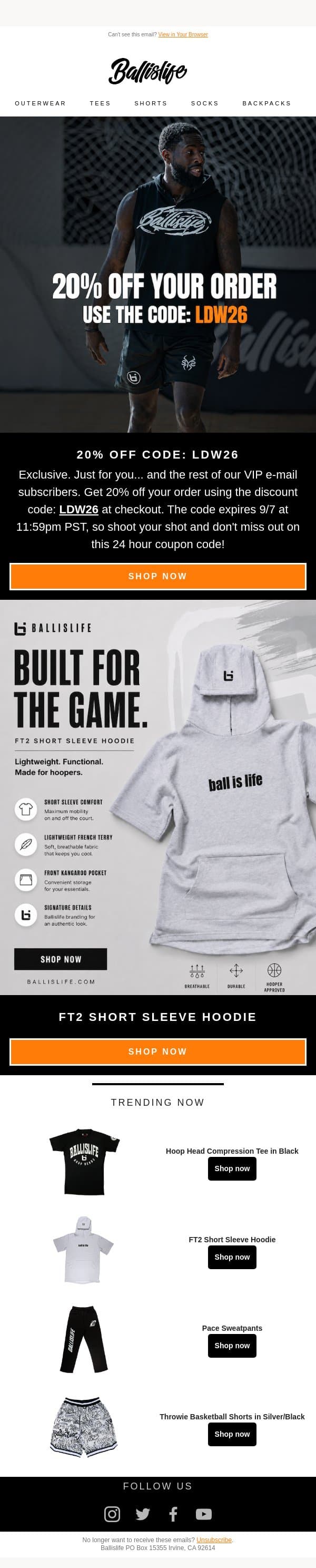 LABOR DAY EXCLUSIVE - 20% Off Discount Code Just For You! email from Ballislife screenshot